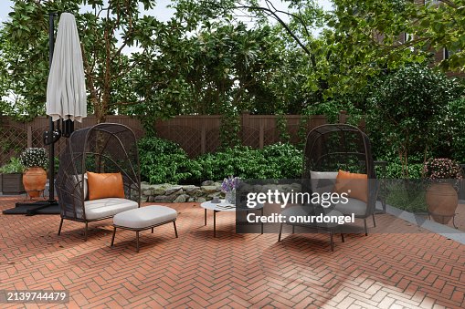 Patio Jardín Al Aire Libre Con Muebles De Jardín, Mesa De Centro, Sombrilla Y Plantas Patio Jardín Al Aire Libre Con Muebles De Jardín, Mesa De Centro, Sombrilla Y Plantas