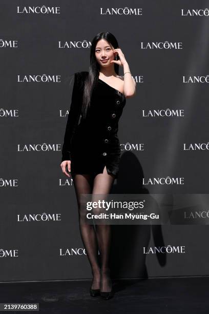 Kazuha of Le Sserafim is seen at the LANCOME Teint Idole Ultra Wear Foundation pop-up store opening on April 05, 2024 in Seoul, South Korea.