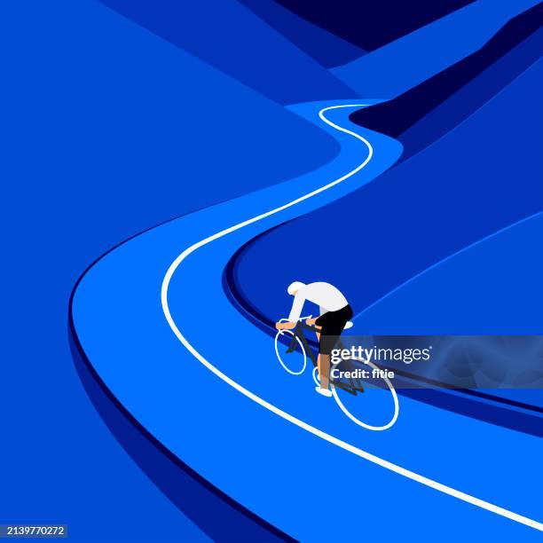 illustrazioni stock, clip art, cartoni animati e icone di tendenza di ciclista in sella a una bicicletta rapidamente lungo una strada di montagna, in stile illustrazione vettoriale minimalista. - ciclista