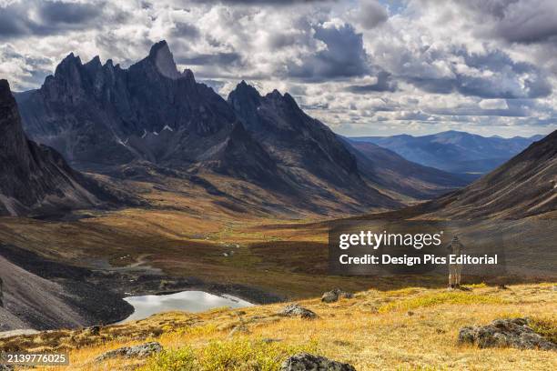 Hiker Standing on An Overlook Taking Photos of The Colourful Valleys In Tombstone Territorial Park In Autumn. Yukon, Canada.