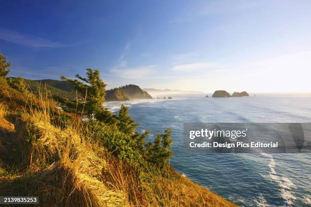 Tranquil scene along the Oregon coast of a gentle mist above the surf and rock formations along the coastline on Tillamook Bay. Oregon, United States...