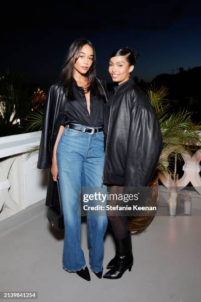 Laura Harrier and Yara Shahidi attend the FRAME & Amelia Gray dinner at the Chateau Marmont at Chateau Marmont on April 04, 2024 in Los Angeles,...