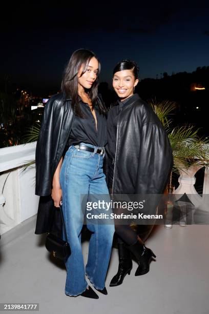Laura Harrier and Yara Shahidi attend the FRAME & Amelia Gray dinner at the Chateau Marmont at Chateau Marmont on April 04, 2024 in Los Angeles,...