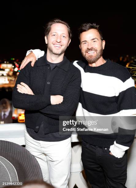 Derek Blasberg and Justin Theroux attend the FRAME & Amelia Gray dinner at the Chateau Marmont at Chateau Marmont on April 04, 2024 in Los Angeles,...