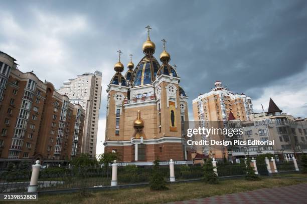 Church With Ornate Rooftop Surrounded By Residential Buildings. Kiev, Ukraine.