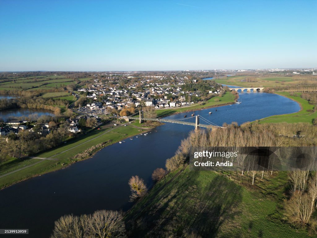 Bouchemaine (north-western France): aerial view of the countryside, the River Maine and the town