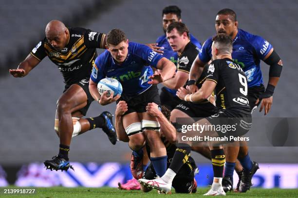 Dalton Papali'i of the Blues makes a break during the round seven Super Rugby Pacific match between Blues and Western Force at Eden Park, on April 05...
