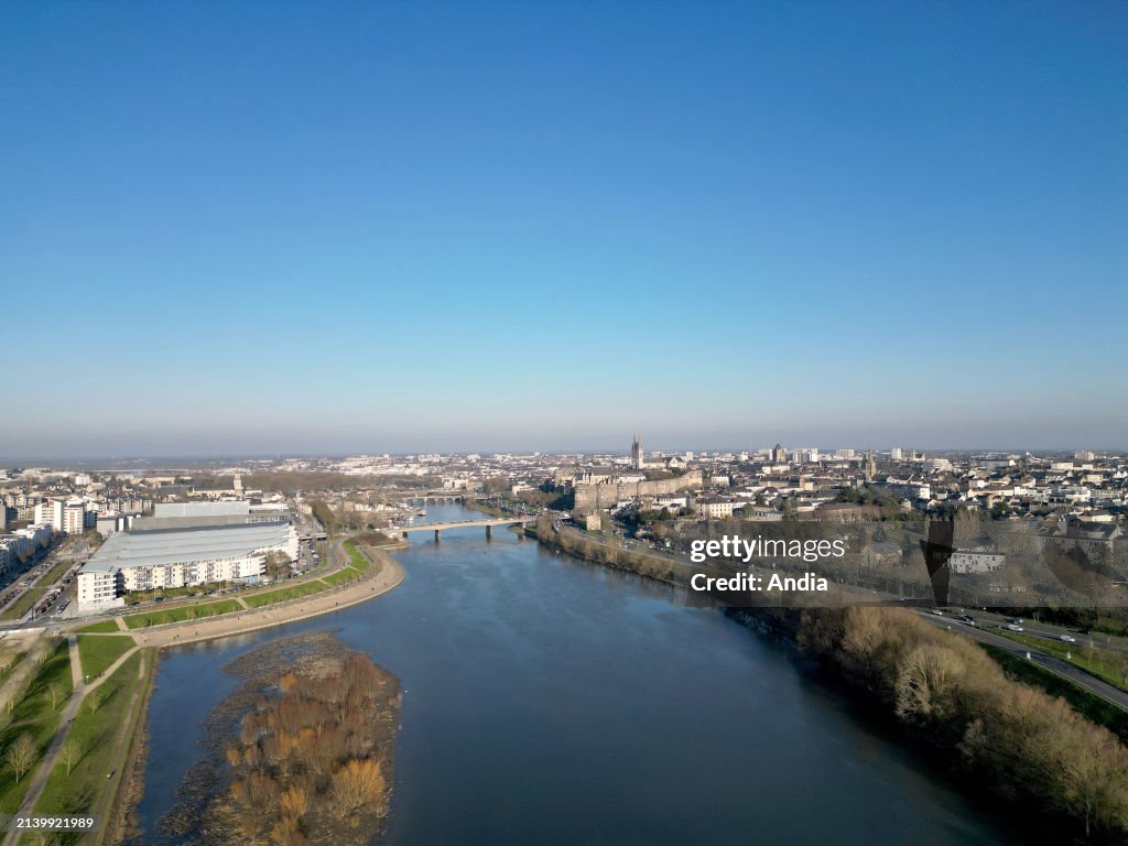 Angers (Normandy, north-western France): aerial view of the Maine river and the town