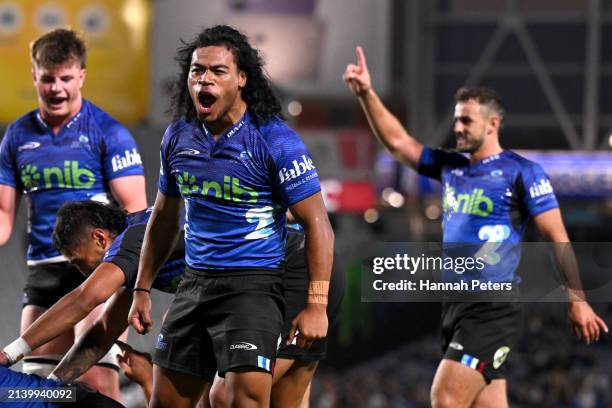 Taufa Funaki of the Blues celebrates Ricky Riccitelli's try during the round seven Super Rugby Pacific match between Blues and Western Force at Eden...