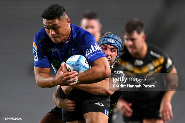 Caleb Clarke of the Blues makes a break during the round seven Super Rugby Pacific match between Blues and Western Force at Eden Park, on April 05 in...