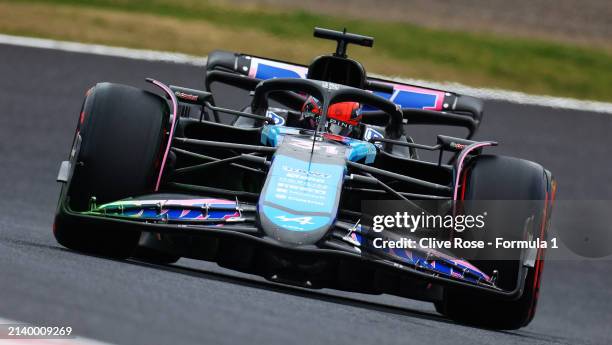 Esteban Ocon of France driving the Alpine F1 A524 Renault on track during practice ahead of the F1 Grand Prix of Japan at Suzuka International Racing...