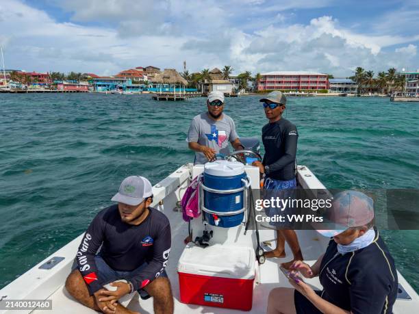 Dive guides & female tourist on a snorkeling trip to the Hol Chan Marine Reserve on the Belize Barrier Reef, Ambergris Caye, Belize.