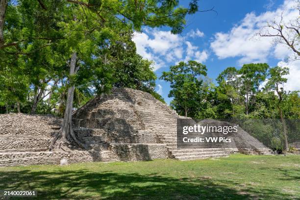 Pyramid/Structures B2, B1 & B3 on Plaza B in the Mayan ruins in the Cahal Pech Archeological Reserve, San Ignacio, Belize.