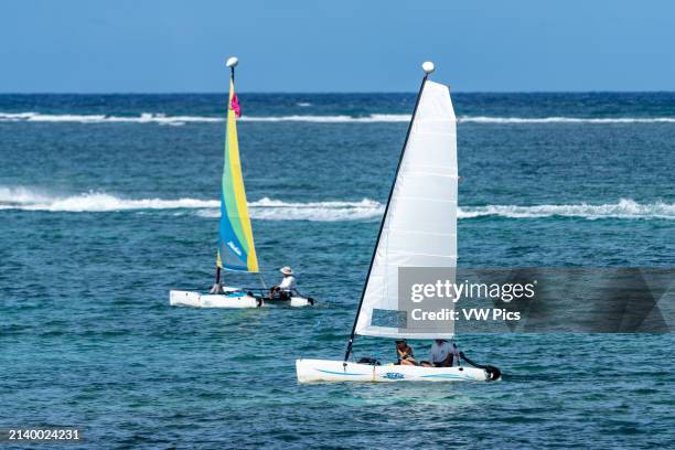 Hobie Cat catamaran sailboats sailing in the Caribbean Sea at San Pedro on Ambergris Caye in Belize. The wave break at the Belize Barrier Reef is...