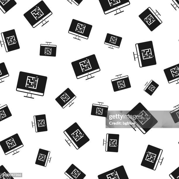 desktop computer with maze. seamless pattern. icons on white background - pc gaming background stock illustrations