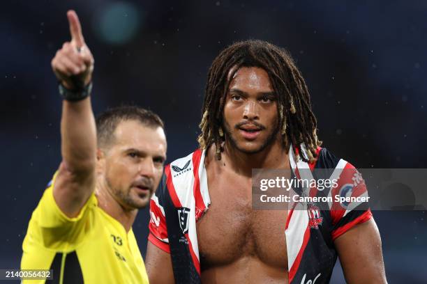 Dominic Young of the Roosters is sent off by referee Grant Atkins after a high tackle on Blake Taaffe of the Bulldogs during the round five NRL match...