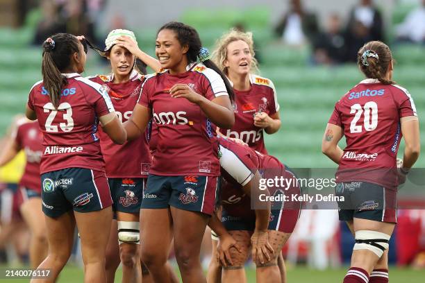 Reds celebrate the win during the round four Super Rugby Women's match between Melbourne Rebels and Queensland Reds at AAMI Park on April 05, 2024 in...