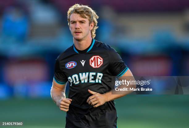 Jason Horne-Francis of the Power during warm ups of the round four AFL match between Port Adelaide Power and Essendon Bombers at Adelaide Oval, on...
