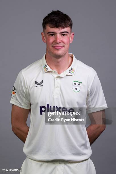 Josh Baker of Worcestershire poses for a portrait during the Worcestershire CCC photocall at New Road on April 03, 2024 in Worcester, England.