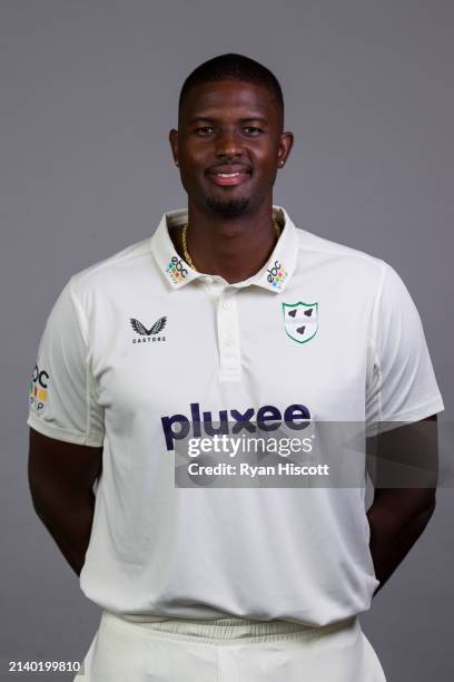 Jason Holder of Worcestershire poses for a portrait during the Worcestershire CCC photocall at New Road on April 03, 2024 in Worcester, England.