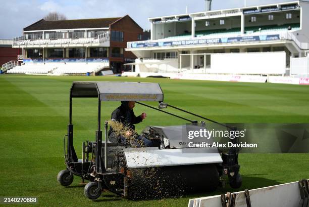 Groundstaff dry out the outfield as no play is seen before lunch on Day 1 of the Vitality County Championship match between Kent and Somerset at The...