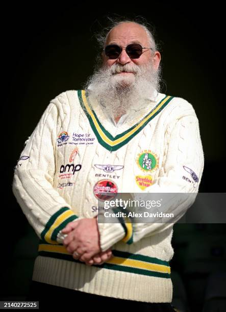 Fan poses for a photo ahead of Day 1 of the Vitality County Championship match between Kent and Somerset at The Spitfire Ground on April 05, 2024 in...