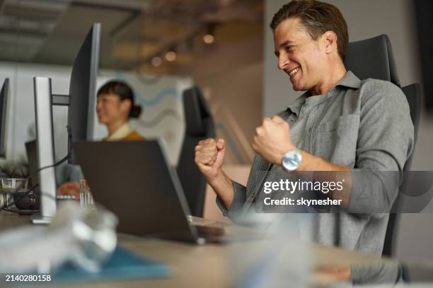 cheerful businessman celebrating his success at corporate office. - punching the air stock pictures, royalty-free photos & images