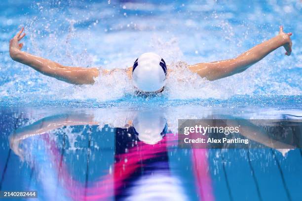 Charlie Toms of Maxwell competes in the Men's 100m butterfly heats during day four of the British Swimming Championships 2024 on April 05, 2024 in...