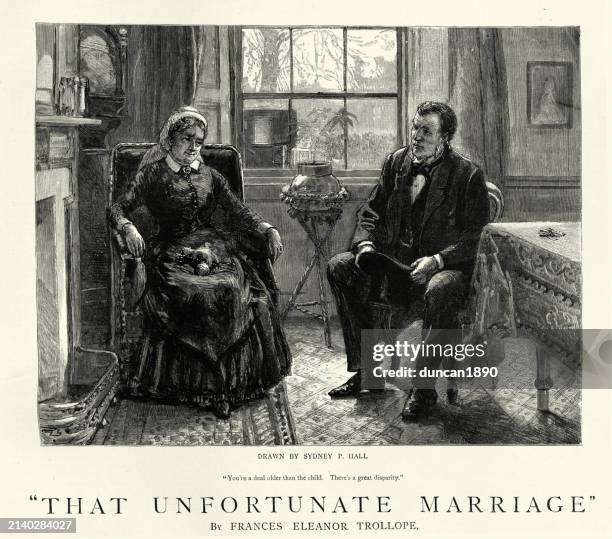 man and woman  sitting the lounge, scene story that unfortunate marriage by francis eleanor trollope, history, victorian, 1888 19th century - eleanor stock illustrations