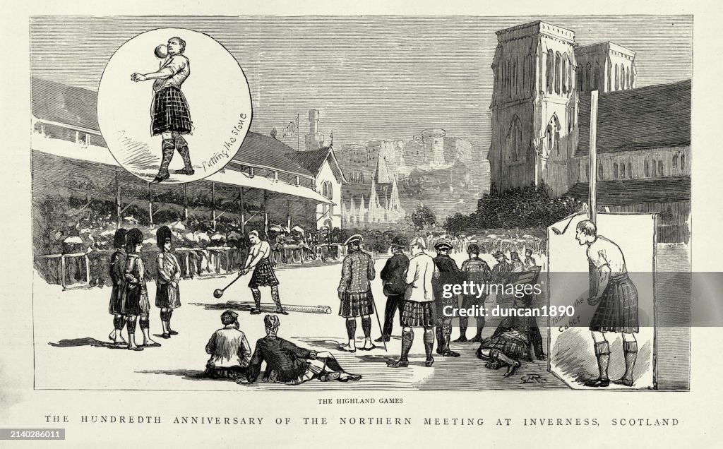 Scottish Highland Games, Tossing the caber, Northern Meeting at Inverness Scotland, Victorian, 1880s 19th Century