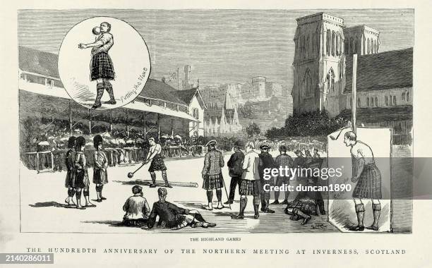 scottish highland games, tossing the caber, northern meeting at inverness scotland, victorian, 1880s 19th century - highland games stock illustrations