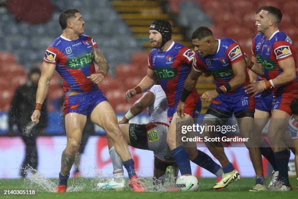 Dylan Lucas of the Knights celebrates with team mates after scoring a try during the round five NRL match between Newcastle Knights and St George...