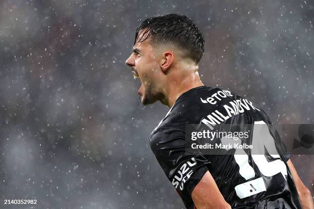 Nicolas Milanovic of the Wanderers celebrates a goal by Dylan Pierias of the Wanderers during the A-League Men round 23 match between Western Sydney...