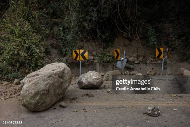 General view of a landslide following the earthquake inside the Takoro Gorge on April 05, 2024 in Hualien, Taiwan. There are still hundreds of...