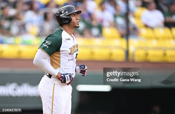 Steven Moya of TSG Hawks hits a 2 run homer in the bottom of the first inning during the CPBL game between Fubon Guardians and TSG Hawks at...