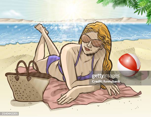 ilustraciones, imágenes clip art, dibujos animados e iconos de stock de sunny chica - bolsa de playa