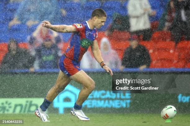 Kalyn Ponga of the Knights kicks off the tee during the round five NRL match between Newcastle Knights and St George Illawarra Dragons at McDonald...