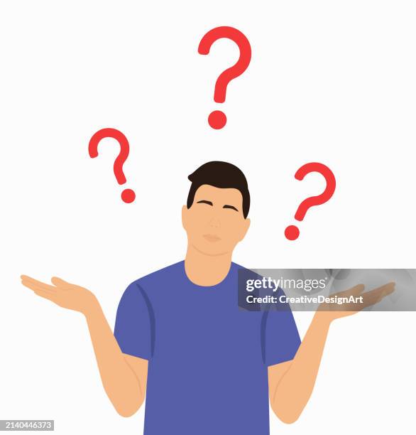 young man shrugging shoulders and showing helpless gesture. he doesn't know how to make decision. confusion and uncertainty concepts - student thinking white background stock illustrations