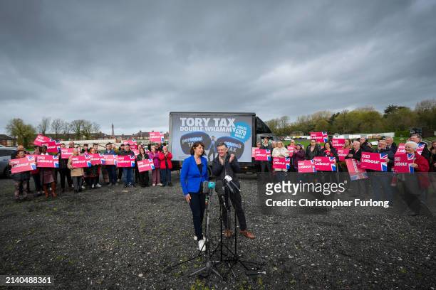 Labour's shadow chancellor Rachel Reeves and shadow paymaster general Jonathan Ashworth campaign at Blackpool cricket Club on April 05, 2024 in...