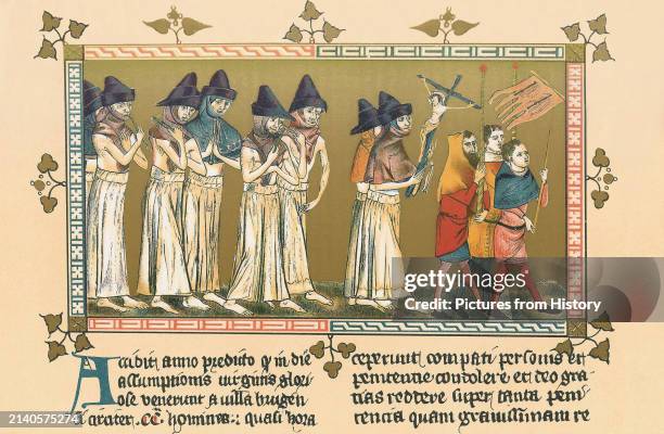 Flagellants at Doornik seeking relief from the Black Death. Miniature painting from the Chronicle of Aegidius li Muisis by Pierart dou Tielt , c....
