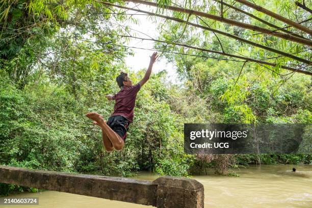 Cambodia, Kampong Phluk, children dive into the swollen river.