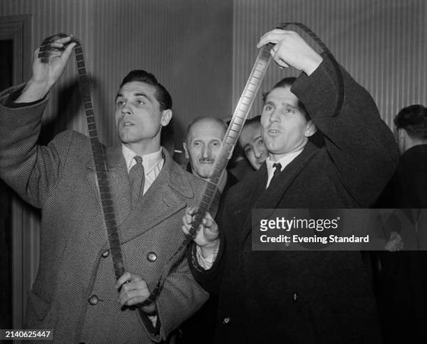 Hungarian footballers Gyula Grosics and Nandor Hidegkuti visiting the Pathé News studio in London to watch the film of their 6 - 3 win against...
