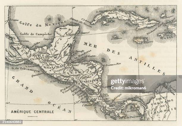 old engraved map of central america - caribbean sea map stock pictures, royalty-free photos & images