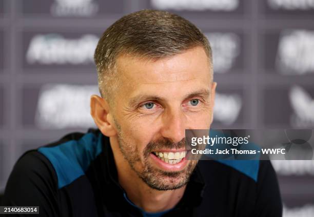 Gary O'Neil, head coach of Wolverhampton Wanderers is interviewed during a press conference following a Wolverhampton Wanderers Training Session at...