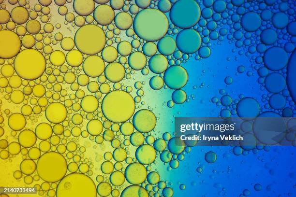abstract various blue turquoise yellow color bubbles oil or face serum with copy space background banner. abstract geometric spheres shape scene. - aceite facial fotografías e imágenes de stock