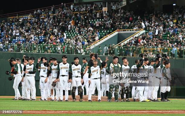 Hawks celebrate after winning the CPBL game between Fubon Guardians and TSG Hawks at Chengching Lake Baseball Field on April 05, 2024 in Kaohsiung,...