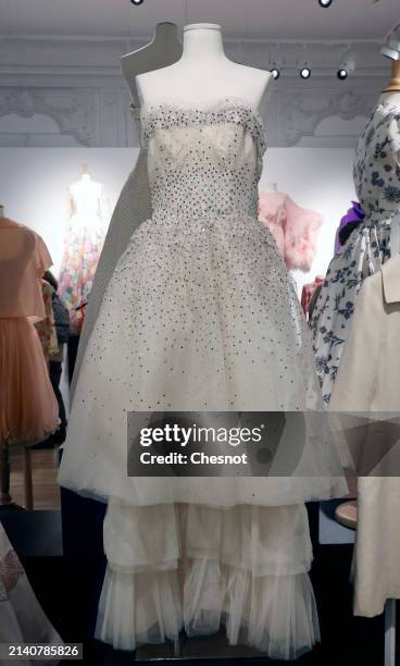 Creation by designer Jeanne Lanvin-Castillo, Haute Couture collection, circa 1955, long tulle evening dress is displayed during "Un siècle de Haute...