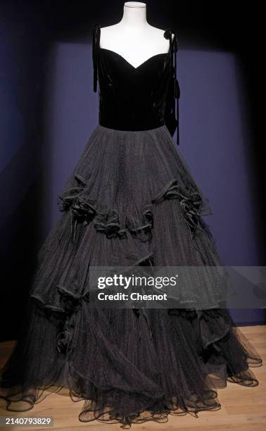 Creation by designer Valentino Garavani for Valentino, Haute Couture Collection, Fall-Winter 1995, grand evening dress in tulle and black velvet is...