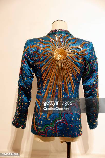 Creation by designer Yves Saint Laurent, Haute Couture collection, Spring-Summer 1971, stage jacket for Johnny Hallyday is displayed during "Un...