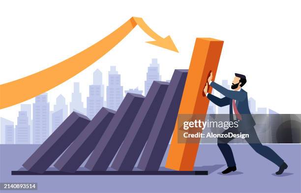 illustrazioni stock, clip art, cartoni animati e icone di tendenza di concetto di crisi finanziaria aziendale. effetto domino per le imprese. - resilienza